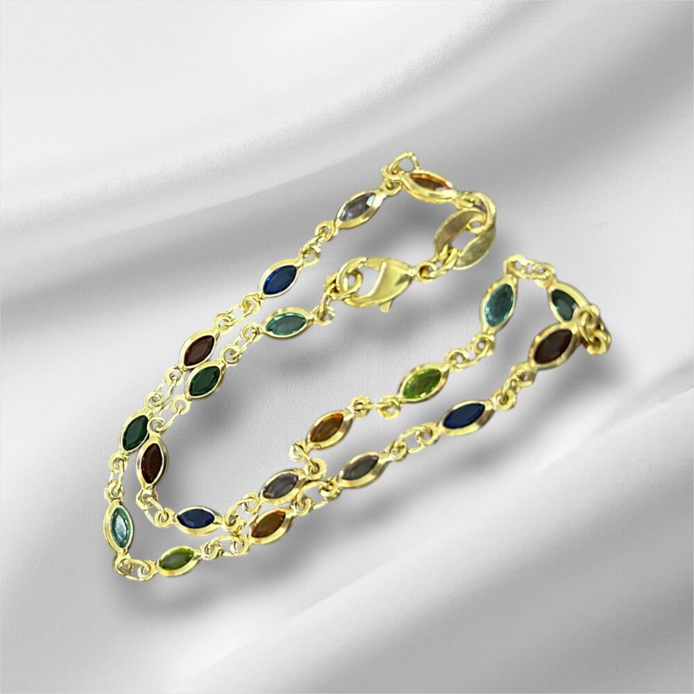 18K Gold Filled Anklet Bracelet 9.5 inch Multi Color Oval Crystal Stones